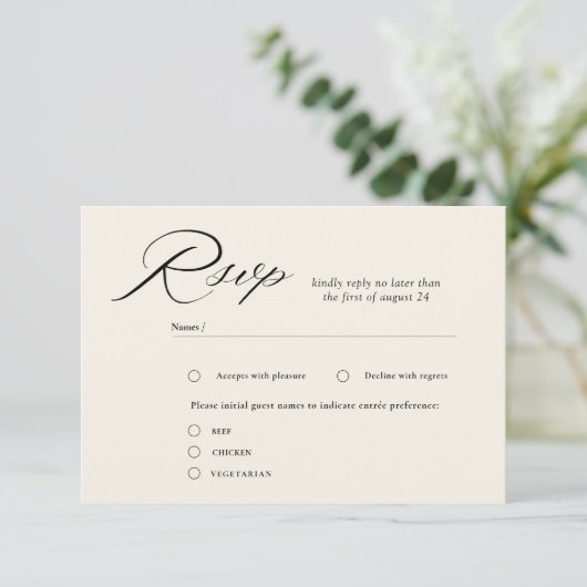 Elegante Script Calligraphy Wedding RSVP Kaarten (Staand voorkant)