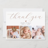 Elegante Script Chic Mocha Drie Foto Baby Shower Bedankkaart (Voorkant)