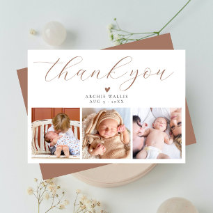 Elegante Script Chic Mocha Drie Foto Baby Shower Bedankkaart