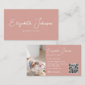 Elegante Script Chic Roze Foto QR-code Visitekaartje (Voorkant / Achterkant)