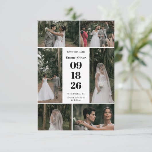 Elegante Script Collage Bruiloft Save The Date (Staand voorkant)