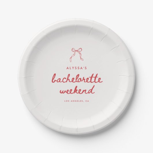 Elegante Script Coquette Boog Aangepaste Bachelore Papieren Bordje (Voorkant)
