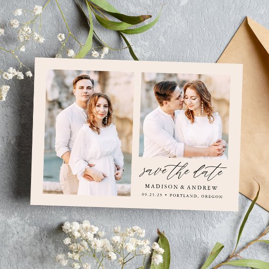 Elegante Script Cream 2 Foto Save The Date
