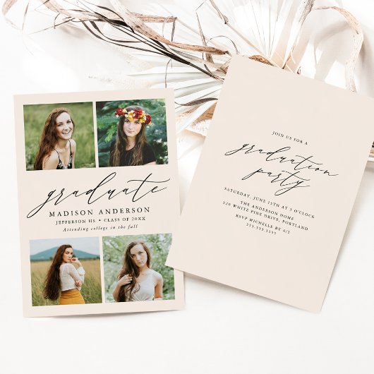 Elegante Script Cream 4 Fotoafstudeerfeest Kaart