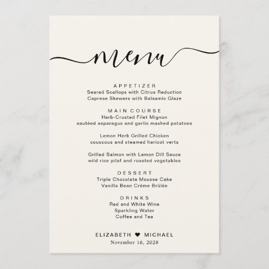 Elegante Script Cream Bruiloft Receptie Menu (Voorkant)