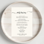 Elegante Script Cream Bruiloft Receptie Menu<br><div class="desc">Elegant licht creme bruiloft receptie diner menu met "menu" in een chique kalligrafie script met swashes,  uw aangepaste menu in eenvoudige moderne typografie,  uw voornamen verbonden door een hart en uw ontvangstdatum.</div>