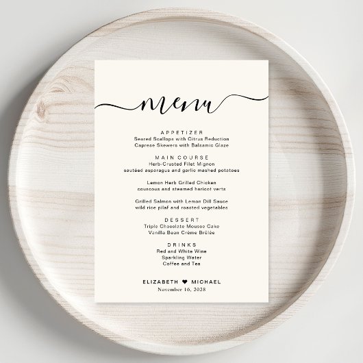 Elegante Script Cream Bruiloft Receptie Menu