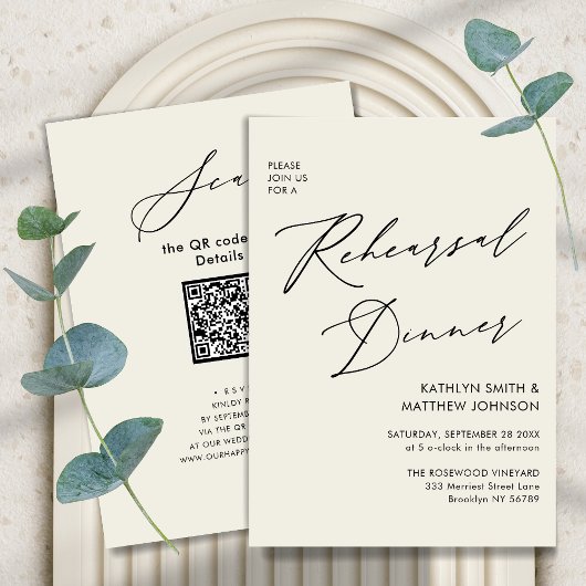 Elegante Script Cream Repetitie Diner QR code Kaart