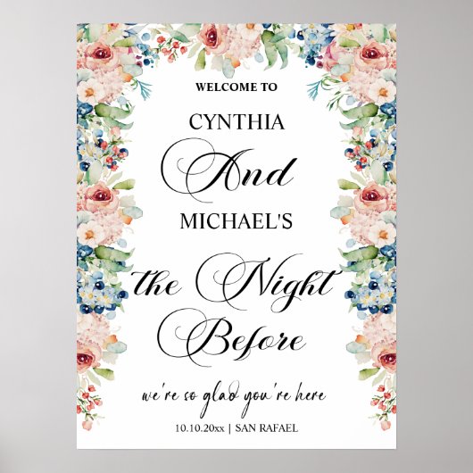 Elegante Script 'de avond voor' Trouwbloemen Poster (Voorkant)