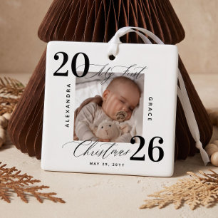 Elegante Script Eerste Kerstmis Aangepaste Baby Fo Keramisch Ornament
