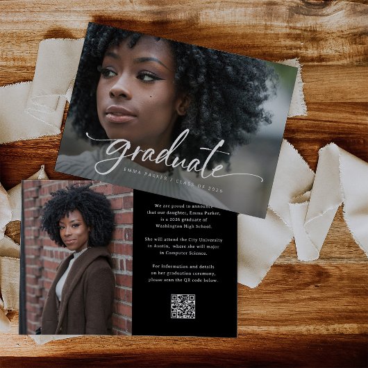 Elegante Script en Zwarte Foto QR Code Grad Feest Kaart