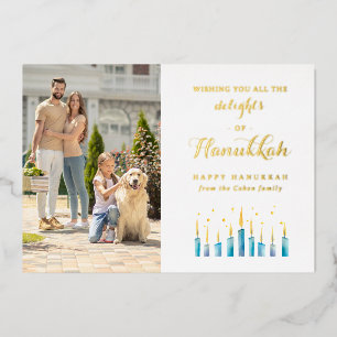 Elegante Script Familie Foto Waterverf Hanukkah Folie Feestdagenkaart