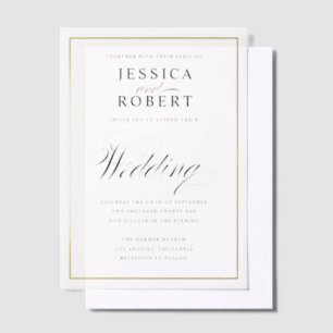 Elegante script faux gouden rand bruiloft vellum uitnodigingen