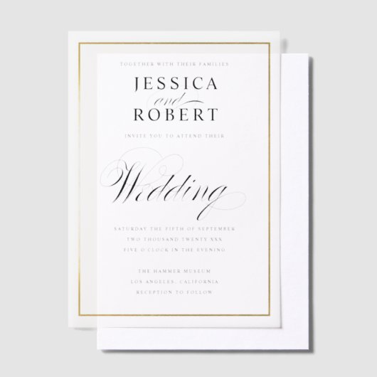 Elegante script faux gouden rand bruiloft vellum uitnodigingen (Offset)