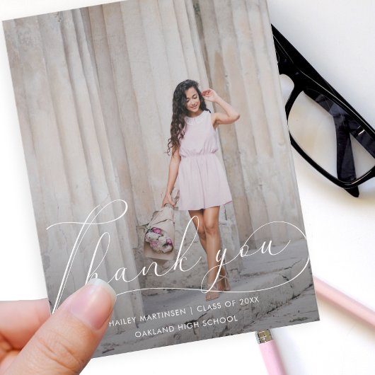 Elegante script foto afstudeer bedankt briefkaart
