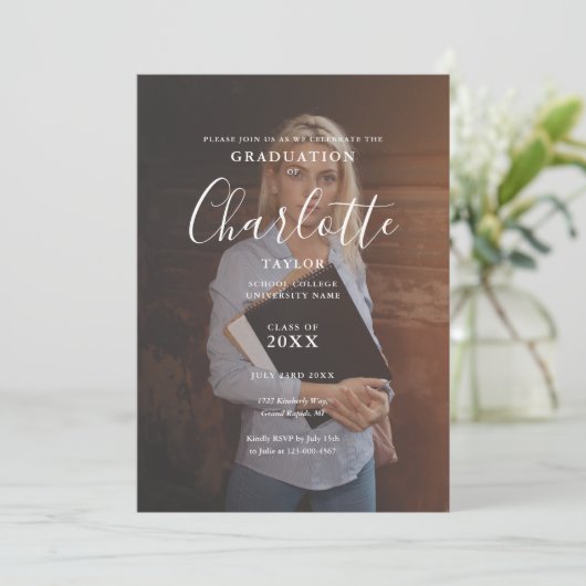 Elegante script foto afstudeerfeest uitnodiging (Staand voorkant)