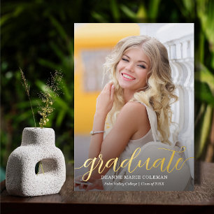 Elegante script foto afstuderen goud folie uitnodiging