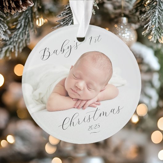 Elegante Script Foto Baby's Eerste Kerstmis Ornament
