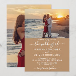Elegante Script Foto Boho Tan Beige Bruiloft Kaart
