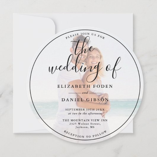 Elegante Script Foto Bruiloft Circulaire Kaart (Voorkant)