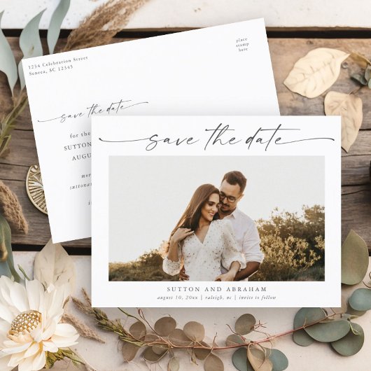 Elegante Script Foto Bruiloft Save the Date Aankondigingskaart