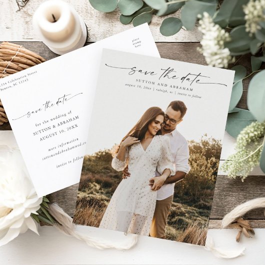 Elegante Script Foto Bruiloft Save the Date Aankondigingskaart