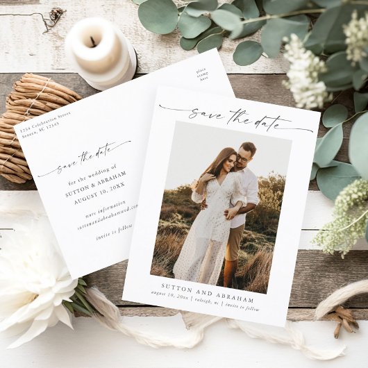 Elegante Script Foto Bruiloft Save the Date Aankondigingskaart