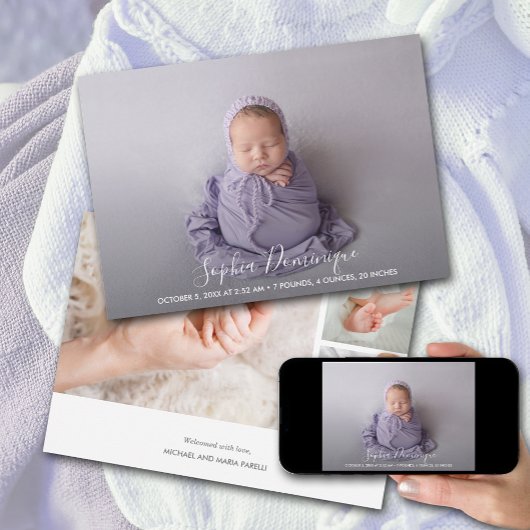 Elegante Script Foto Collage Geboorte Aankondiging