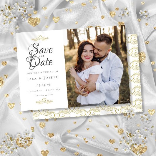 Elegante Script Foto Gouden Hart Save the Date  Kaart