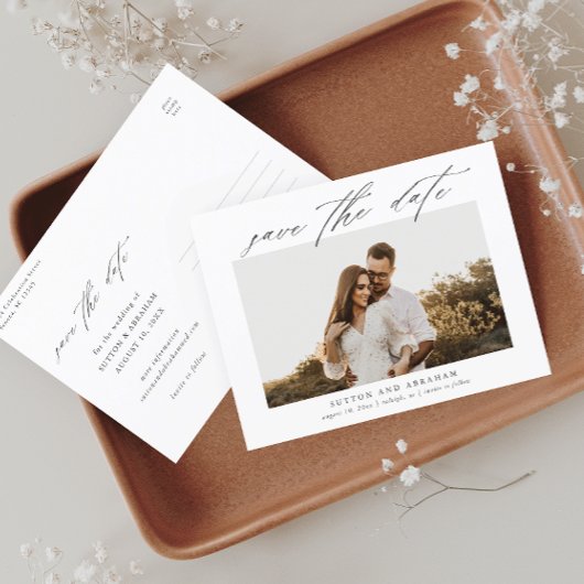 Elegante Script Foto Huwelijk Save the Date Aankondigingskaart