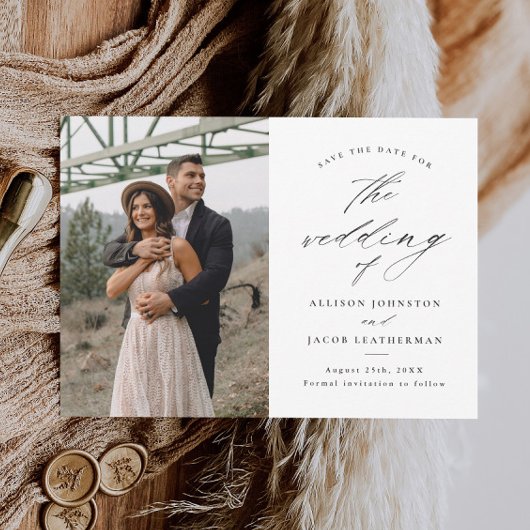 Elegante Script Foto Huwelijk Save The Date Magnetische Uitnodiging