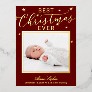 Elegante Script Foto Kerstmis Geboorteaankondiging Folie Feestdagen Briefkaart