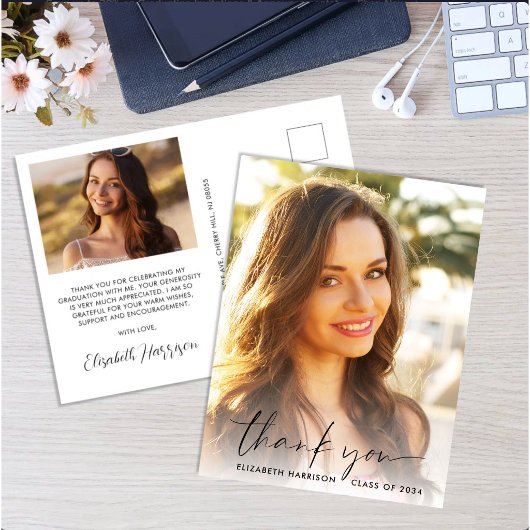 Elegante Script Foto Overlay Afstudeer Bedankt Briefkaart