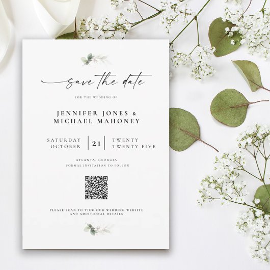 Elegante Script Foto QR Code Eucalyptus Bruiloft Save The Date