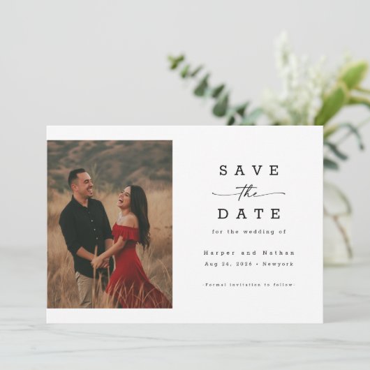 Elegante Script Foto QR Code Huwelijk Save The Date (Staand voorkant)