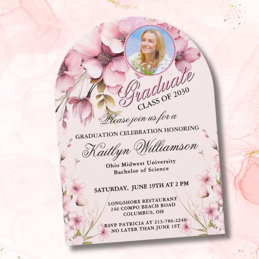 Elegante Script Foto Roze Afstudeerfeest Boog Kaart