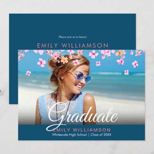 Elegante Script Foto Roze Bloemige Afstudeerfeest Kaart (Voorkant / Achterkant)