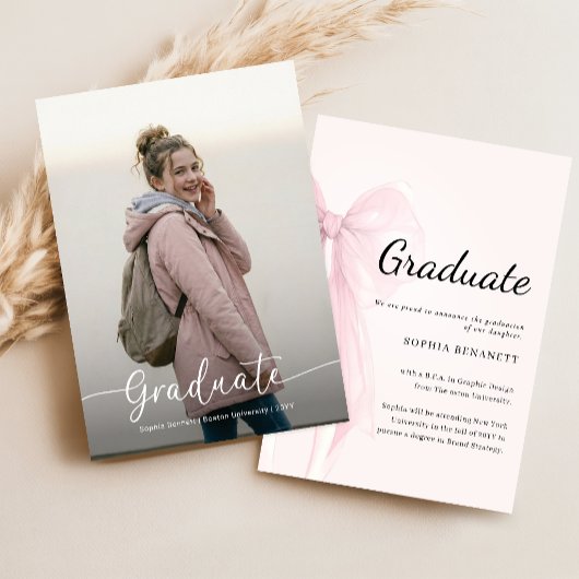 Elegante Script Foto Roze Strik Afstuderen Aankondiging
