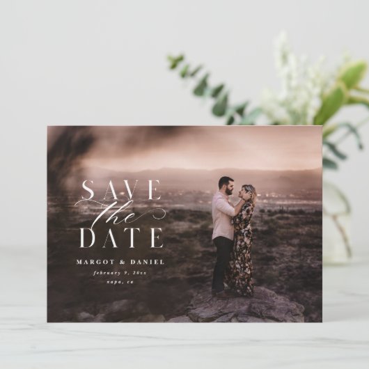 Elegante Script Foto Save The Date Aankondiging (Staand voorkant)
