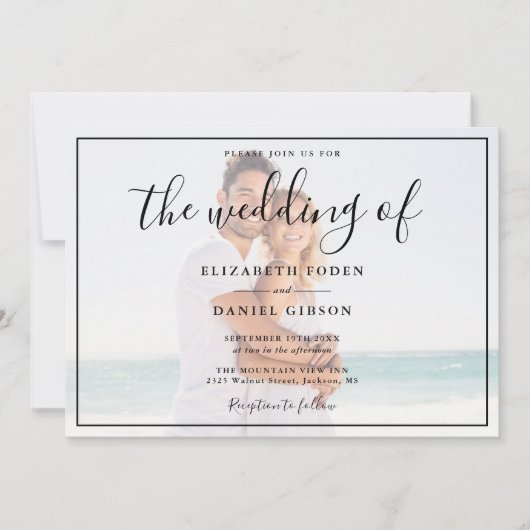 Elegante Script Foto Wit En Zwarte Trouw Kaart (Voorkant)