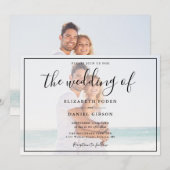 Elegante Script Foto Wit En Zwarte Trouw Kaart (Voorkant / Achterkant)