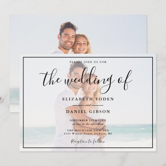 Elegante Script Foto Wit En Zwarte Trouw Kaart (Voorkant / Achterkant)