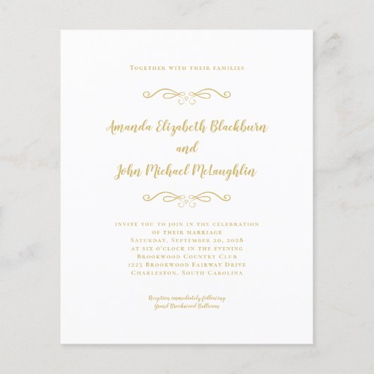 Elegante Script Goud Chique Budget Huwelijksuitnod (Voorkant)
