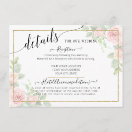 Elegante script gouden blush bloemige trouwdetails informatiekaartje