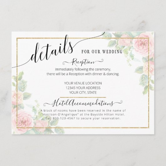 Elegante script gouden blush bloemige trouwdetails informatiekaartje (Voorkant)
