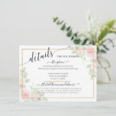 Elegante script gouden blush bloemige trouwdetails informatiekaartje (Staand voorkant)