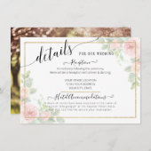 Elegante script gouden blush bloemige trouwdetails informatiekaartje (Voorkant / Achterkant)