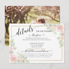Elegante script gouden blush bloemige trouwdetails informatiekaartje