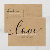 Elegante Script Gouden Hart Bedankt Rustieke Kraft Briefkaart (Voorkant / Achterkant)