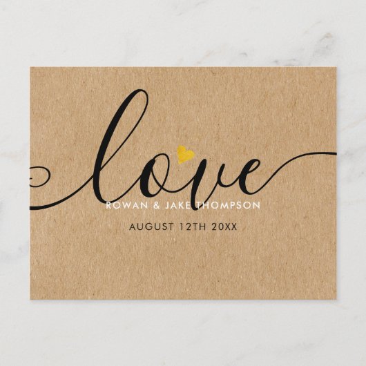 Elegante Script Gouden Hart Bedankt Rustieke Kraft Briefkaart (Voorkant)